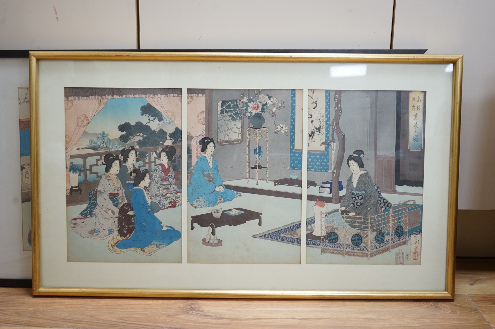 Yoshu Chikanobu (1838-1912), Life of court ladies, Japanese woodblock print together with Toshikata (1866-1907), Japanese tryptych woodblock print, largest 33 x 67cm